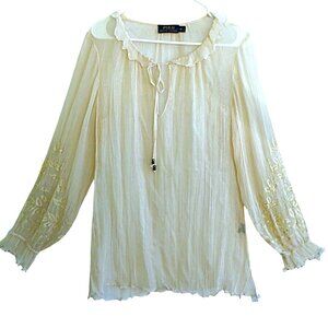 SiLK Ralph Lauren Sheer Cream Poets Blouse Embroidered Long Sleeves Sequin M